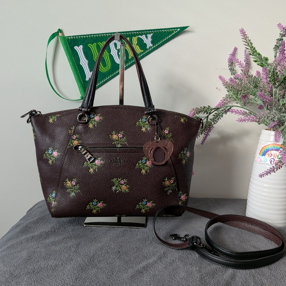 Coach Brown Floral Satchel with Black Handles